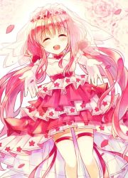 Rule 34 | 1girl, bow, bridal veil, bride, closed eyes, cowboy shot, dress, elbow gloves, facing viewer, flower knight girl, gloves, hanamomo (flower knight girl), houzuki michiru, incoming hug, layered dress, long hair, outstretched hand, pink bow, pink hair, pink theme, smile, solo, thighhighs, twintails, veil, wedding dress, white gloves