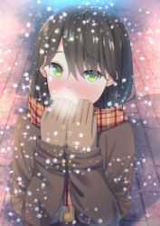 Rule 34 | 1girl, blush, brown gloves, brown hair, coat, gloves, green eyes, heavy breathing, long hair, looking at viewer, original, scarf, snow, solo, symfo, winter clothes, winter coat
