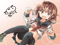 Rule 34 | 10s, 1girl, anchor symbol, artist name, brown eyes, brown hair, commentary request, darkside, fang, gradient background, hair ornament, hairclip, ikazuchi (kancolle), kantai collection, midriff, navel, neckerchief, open mouth, school uniform, serafuku, shirt slip, skirt, solo, thighhighs