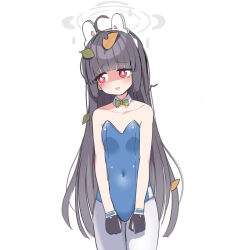Rule 34 | 1girl, :d, ahoge, animal ears, bare shoulders, black gloves, black hair, blue archive, blunt bangs, bow, breasts, cleavage, collarbone, commentary request, covered navel, detached collar, fake animal ears, gloom (expression), gloves, hairband, halo, head tilt, leaf, leaf on head, leotard, long hair, looking away, miyu (blue archive), o (rakkasei), open mouth, pantyhose, playboy bunny, rabbit ears, red eyes, shaded face, sidelocks, simple background, sleeveless, small breasts, smile, smirk, solo, strapless, strapless leotard, white background, white pantyhose