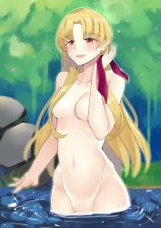 Rule 34 | 1girl, :d, absurdres, bare shoulders, black nails, blonde hair, blush, breasts, brown eyes, cleavage, completely nude, earrings, ereshkigal (fate), fate/grand order, fate (series), groin, highres, jewelry, kuroeart, long hair, nail polish, navel, nude, open mouth, outdoors, smile, solo, wading