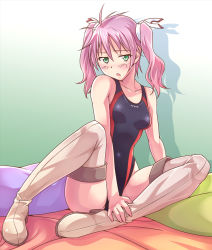 Rule 34 | 1girl, :o, bad id, bad pixiv id, boots, breasts, competition swimsuit, e20, green eyes, long hair, mayo chiki!, one-piece swimsuit, pillow, pink hair, shadow, sitting, small breasts, solo, swimsuit, thigh boots, thighhighs, twintails, usami masamune