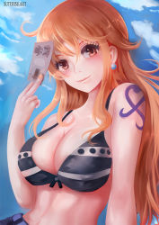 Rule 34 | 1girl, bad id, bad pixiv id, blush, breasts, cleavage, closed mouth, earrings, jewelry, large breasts, long hair, looking at viewer, money, nami (one piece), one piece, orange eyes, orange hair, smile, solo, suterisu japan, tattoo, upper body