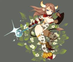 Rule 34 | 1girl, animal print, blue eyes, boots, breasts, brown hair, cow girl, cow print, cow tail, covered erect nipples, hair ornament, hairclip, highres, horns, large breasts, mota, original, pointy ears, solo, staff, tail, thighhighs, weapon