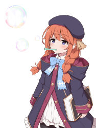 Rule 34 | 1girl, absurdres, beret, black hat, blowing bubbles, book, bow, bowtie, braid, bubble, coat, expressionless, fizz (pixiv34498626), hat, highres, hood, hooded coat, long hair, long sleeves, orange hair, princess connect!, purple eyes, school uniform, shirt, simple background, solo, twin braids, white background, yuni (princess connect!)