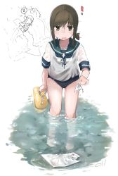 Rule 34 | !, 1girl, absurdres, bare legs, barefoot, black hair, black one-piece swimsuit, blue sailor collar, closed eyes, fubuki (kancolle), green eyes, highres, kantai collection, ma rukan, multiple views, one-piece swimsuit, open mouth, paper, partially submerged, sailor collar, school uniform, serafuku, short hair, short ponytail, short sleeves, signature, simple background, swimsuit, swimsuit under clothes, water, white background