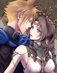 1boy 1girl aerith_gainsborough aerith_gainsborough_(loveless_dress) amemori_0207 armlet armor blonde_hair blue_cloak blue_eyes braid braided_ponytail breasts brown_hair cloak cloud_strife cloud_strife_(alphreid_costume) couple crown dress final_fantasy final_fantasy_vii final_fantasy_vii_rebirth final_fantasy_vii_remake green_eyes harness hetero jewelry leather_armor looking_at_another medium_breasts official_alternate_costume parted_bangs parted_lips princess_rosa_costume short_hair sideboob sidelocks single_braid spiked_hair tiara upper_body wavy_hair white_dress