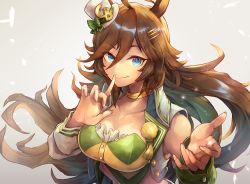 Rule 34 | 1girl, ahoge, animal ears, bandeau, blouse, blue eyes, breasts, brown hair, choker, cleavage, closed mouth, collarbone, commentary request, cropped jacket, finger to mouth, floating hair, green bandeau, green shirt, grey background, hachirou (crazy318), hair between eyes, hair ornament, hairclip, hands up, hat, horse ears, horse girl, jacket, large breasts, long hair, long sleeves, looking at viewer, midriff, mini hat, mini top hat, mr. c.b. (umamusume), navel, open clothes, open jacket, pants, partial commentary, shirt, sidelocks, simple background, single bare shoulder, single sleeve, smile, solo, standing, top hat, umamusume, upper body, white hat, white jacket, wrist cuffs, yellow choker