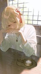 Rule 34 | 1girl, backlighting, blonde hair, brick wall, chair, closed mouth, collared shirt, day, dress shirt, elbow on table, fingernails, hair ribbon, head rest, highres, indoors, interlocked fingers, jewelry, light particles, light smile, long sleeves, looking at object, looking down, lycoris recoil, necklace, nishikigi chisato, on chair, one side up, orange eyes, own hands together, pendant, pocket watch, pumpkin-crazy, red ribbon, ribbon, shade, shirt, short hair, sitting, solo, sunlight, table, upper body, watch, white shirt, window