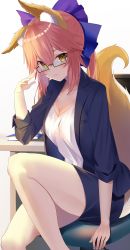 Rule 34 | 1girl, absurdres, adjusting eyewear, alternate costume, animal ear fluff, animal ears, bare legs, bespectacled, black-framed eyewear, black jacket, black skirt, blush, book, bow, breasts, chair, cleavage, eyebrows hidden by hair, fate/grand order, fate (series), feet out of frame, formal, fox ears, fox girl, fox tail, glasses, gradient background, hair between eyes, hair bow, highres, jacket, jun (aousa0328), long hair, long sleeves, looking at viewer, medium breasts, miniskirt, off shoulder, office chair, open clothes, open jacket, parted lips, pink hair, ponytail, purple bow, rectangular eyewear, semi-rimless eyewear, shirt, sidelocks, simple background, sitting, skirt, skirt suit, sleeves rolled up, smile, solo, suit, swivel chair, tail, tamamo (fate), tamamo no mae (fate/extra), under-rim eyewear, white background, white shirt, yellow eyes