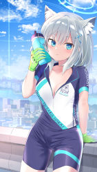Rule 34 | 1girl, absurdres, animal ear fluff, animal ears, bike jersey, bike shorts, blue archive, blue eyes, blue shirt, blue shorts, bottle, breasts, cat ears, cat girl, city, cityscape, cleavage, cloud, day, gloves, green gloves, grey hair, halo, highres, looking at viewer, medium breasts, naoya (naoya ee), open clothes, open shirt, outdoors, scenery, shiroko (blue archive), shiroko (cycling) (blue archive), shirt, short hair, short sleeves, shorts, sitting, sitting on wall, sky, smile, solo, thighs, two-tone shirt, water bottle, white shirt