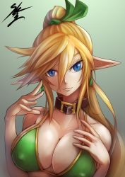 Rule 34 | 1girl, bikini, blonde hair, blue eyes, breasts, collar, collarbone, covered erect nipples, earrings, elf, female focus, green bikini, hair ribbon, highres, jewelry, large breasts, long hair, looking at viewer, md5 mismatch, pointy ears, ponytail, resized, resolution mismatch, ribbon, signature, solo, source larger, sowel (sk3), swimsuit, upper body