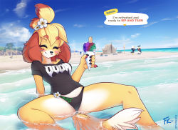 Rule 34 | 2girls, 3boys, animal crossing, animal ears, animal hands, apollo (animal crossing), arm support, beach, bikini, blonde hair, blush stickers, breasts, closed eyes, dog ears, dog tail, doom (game), doom (series), eyebrows, eyelashes, flower, flower on head, fluff kevlar, food, furry, holding, ice cream, isabelle (animal crossing), k.k. slider (animal crossing), kass, mabel able (animal crossing), medium breasts, multiple boys, multiple girls, nintendo, ocean, outdoors, palm tree, pawpads, pinky out, sitting, sky, smile, speech bubble, spread legs, swimsuit, tail, tent, the legend of zelda, the legend of zelda: breath of the wild, thighs, topknot, torch, tree, water