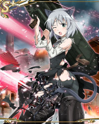 Rule 34 | animal ear fluff, animal ears, artist request, black pantyhose, cat ears, cat tail, gun, holding, holding weapon, miniskirt, neuroi, official art, one eye closed, open mouth, pantyhose, sanya v. litvyak, skirt, solo, strike witches, striker unit, tail, torn clothes, torn pantyhose, torn skirt, war, weapon, world witches series