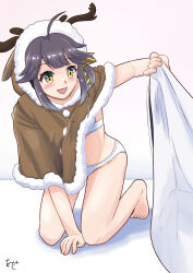 Rule 34 | 1girl, adapted costume, ahoge, akashieru, all fours, animal hood, barefoot, bra, brown capelet, capelet, fur-trimmed capelet, fur trim, grey hair, hair ribbon, hayanami (kancolle), highres, hood, hooded capelet, kantai collection, official alternate costume, one-hour drawing challenge, panties, ponytail, ribbon, sack, short hair, sidelocks, smile, solo, underwear, white bra, white panties