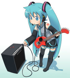 Rule 34 | 1girl, amplifier, aqua hair, blue eyes, boots, cable, detached sleeves, full body, guitar, hatsune miku, instrument, long hair, nagian, necktie, solo, standing, thigh boots, thighhighs, twintails, vocaloid
