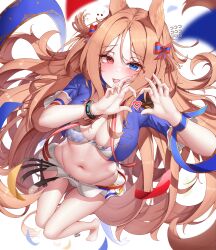 Rule 34 | 1girl, absurdres, animal ears, archetto (arknights), archetto (publicity strategy) (arknights), arknights, bikini, blue eyes, blue jacket, blush, breasts, brown hair, cleavage, cropped jacket, flying sweatdrops, hands up, heart, heart hands, heterochromia, highres, jacket, large breasts, lilac (k32420276), long hair, looking at viewer, navel, official alternate costume, open clothes, open jacket, open mouth, red eyes, short sleeves, solo, stomach, swimsuit, very long hair, white bikini