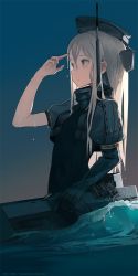 Rule 34 | 10s, 1girl, astg, bad id, bad pixiv id, blonde hair, blue eyes, character name, dripping, elbow gloves, garrison cap, gloves, hand on own head, hat, kantai collection, long hair, looking away, ocean, partially submerged, profile, rocket launcher, sky, solo, u-511 (kancolle), uniform, water, watermark, weapon, wet, wet hair