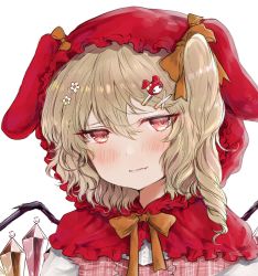 Rule 34 | 1girl, alternate costume, alternate headwear, blonde hair, blush, daisy, expressionless, fang, fang out, flandre scarlet, flower, hair between eyes, hair ornament, hairclip, hat, hat with ears, head tilt, one side up, plaid, plaid vest, red eyes, red hood, ribbon, shirt, short hair, simple background, skin fang, solo, touhou, upper body, vest, white background, white shirt, wings, yellow neckwear, yellow ribbon, yuma (yuuma pants)