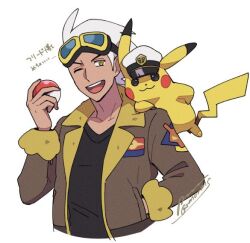 Rule 34 | 1boy, ;d, black shirt, brown jacket, captain pikachu, clothed pokemon, commentary request, creatures (company), friede (pokemon), game freak, gen 1 pokemon, goggles, hand in pocket, hat, holding, holding poke ball, jacket, male focus, nintendo, one eye closed, open clothes, open jacket, open mouth, pikachu, poke ball, poke ball (basic), pokemon, pokemon (anime), pokemon horizons, sagemaru-br, shirt, short hair, signature, simple background, smile, teeth, tongue, translation request, white background, white hair, white headwear, yellow eyes