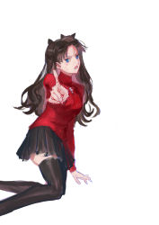 Rule 34 | 1girl, blue eyes, blush, breasts, brown hair, fate/stay night, fate (series), highres, kneeling, medium breasts, open mouth, pointing, pointing at viewer, red sweater, sketch, skindentation, solo, sweatdrop, sweater, thighhighs, thighs, tohsaka rin, tsundere, turtleneck, turtleneck sweater, ubwmitekure, zettai ryouiki
