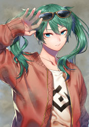 Rule 34 | 1girl, aqua hair, blue eyes, closed mouth, collarbone, commentary request, earrings, eyewear on head, hair between eyes, hand up, hatsune miku, highres, hoop earrings, jacket, jewelry, long hair, long sleeves, looking at viewer, open clothes, open jacket, red jacket, sand, sandstorm, shirt, sleeves past wrists, solo, sumino akasuke, suna no wakusei (vocaloid), sunglasses, twintails, upper body, v-shaped eyebrows, vocaloid, white shirt