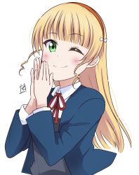 Rule 34 | 1girl, artist logo, blonde hair, blue jacket, blunt bangs, closed mouth, dress, green eyes, grey dress, hairband, heanna sumire, highres, jacket, looking at viewer, love live!, love live! superstar!!, neck ribbon, one eye closed, own hands together, pinafore dress, red ribbon, ribbon, school uniform, simple background, sleeveless dress, smile, solo, upper body, white background, yuigaoka school uniform, zero-theme