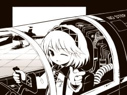 Rule 34 | 1girl, aircraft, airplane, fighter jet, flight stick, hairband, hangar, jet, kongari (kngr), military, military vehicle, monochrome, necktie, one eye closed, open mouth, pointing, pointing at viewer, short hair, smile, solo, touhou, tsukumo yatsuhashi