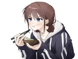 Rule 34 | 1girl, blue eyes, blue jacket, blush, bobosong 9, bowl, brown hair, chopsticks, closed mouth, collarbone, commentary request, girls band cry, holding, holding bowl, holding chopsticks, hood, hood down, hooded jacket, iseri nina, jacket, korean commentary, long sleeves, low twintails, shirt, short hair, short twintails, simple background, sleeves past wrists, solo, twintails, upper body, white background, white shirt