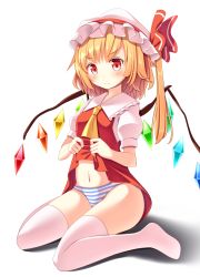 Rule 34 | 1girl, ascot, blonde hair, flandre scarlet, frown, hat, highres, oimo (imoyoukan), panties, red eyes, ribbon, short hair, side ponytail, simple background, solo, striped clothes, striped panties, thighhighs, touhou, underwear, white thighhighs, wings