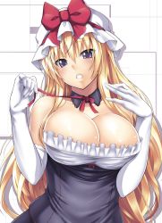 Rule 34 | 1girl, :o, bare shoulders, blonde hair, blush, bonnet, bow, breasts, choker, cleavage, detached collar, elbow gloves, gloves, hat, hat bow, highres, large breasts, long hair, looking at viewer, purple eyes, satou samu, shiny skin, solo, touhou, very long hair, white gloves, yakumo yukari