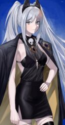 Rule 34 | 1girl, alchemy stars, arm at side, black bra, black coat, black shirt, black skirt, black thighhighs, bra, brooch, closed mouth, coat, coat on shoulders, collared shirt, grey eyes, grey hair, hairband, hand on own hip, highres, jewelry, jinman, long hair, looking at viewer, pencil skirt, scar, scar across eye, see-through, see-through shirt, shirt, side slit, sidelocks, skirt, skull, sleeveless, sleeveless shirt, smile, smokey (alchemy stars), solo, thighhighs, twintails, underwear