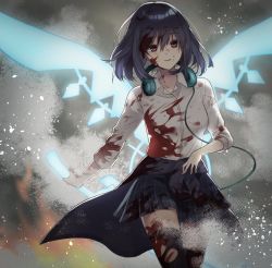 Rule 34 | 1girl, alice (sinoalice), blood, blood on clothes, blood on face, blood splatter, blue hair, clothes around waist, collared shirt, energy sword, energy wings, headphones, headphones around neck, highres, holding, holding sword, holding weapon, jacket, jacket around waist, looking at viewer, parted lips, plaid, plaid skirt, pleated skirt, red eyes, school uniform, shirt, sinoalice, skirt, smile, smoke, solo, sword, thighhighs, torn clothes, torn thighhighs, weapon, yuna726
