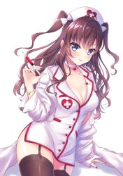 Rule 34 | 10s, 1girl, :p, anoa, blue eyes, blush, bow, bracelet, breasts, brown hair, choker, cleavage, garter straps, hair bow, hat, ichinose shiki, idolmaster, idolmaster cinderella girls, jewelry, lab coat, large breasts, long hair, looking at viewer, nurse, nurse cap, open clothes, simple background, smile, solo, syringe, thighhighs, tongue, tongue out, two side up, white background, white bow