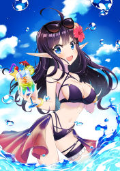 Rule 34 | 1girl, :d, ahoge, bare arms, bare shoulders, bikini, black bikini, black hair, blue eyes, blue sky, blush, breasts, cleavage, cloud, cloudy sky, criss-cross halter, day, drinking glass, drinking straw, elf, eyewear on head, flower, hair flower, hair ornament, halterneck, hand on own chest, hibiscus, highleg, highleg bikini, highres, holding, hurricane glass, king&#039;s raid, large breasts, looking at viewer, mirianne (king&#039;s raid), navel, open mouth, outdoors, pointy ears, red flower, sidelocks, sky, smile, solo, standing, star (symbol), stomach, sunglasses, sunglasses on head, swimsuit, thigh strap, tropical drink, wading, water, water drop, wristband, yumi (milomonkey)