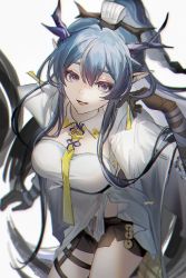 Rule 34 | 1girl, arknights, arm tattoo, arm wrap, black shorts, black skin, blue eyes, blue hair, braid, braided ponytail, breasts, clear (4ff44f), coin, collar, colored skin, cowboy shot, detached collar, dragon girl, dragon horns, earrings, hair between eyes, hand up, highres, holed coin, horns, jewelry, ling (arknights), long hair, looking at viewer, medium breasts, necktie, open mouth, pointy ears, shirt, short shorts, shorts, sidelocks, simple background, solo, tassel, tassel earrings, tattoo, white background, white collar, white shirt, yellow necktie