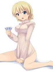 Rule 34 | 10s, 1girl, bad id, bad pixiv id, blonde hair, blue eyes, blush, bottomless, breasts, covering privates, covering crotch, cup, darjeeling (girls und panzer), girls und panzer, naked sweater, nksk, no pants, open mouth, short hair, simple background, sitting, smile, solo, sweater, teacup, turtleneck, white background