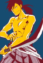 Rule 34 | 1boy, fullmetal alchemist, katou (hyaena), ling yao, male focus, ponytail, simple background, smirk, solo, sword, topless male, weapon