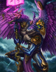 Rule 34 | 1boy, absurdres, armor, beak, bird legs, blue skin, bmurphy, book, bracelet, chaos (warhammer), cloud, cloudy sky, colored skin, commentary, demon, english commentary, feathered wings, feathers, gem, glowing, glowing eyes, gold armor, gold bracelet, gold headdress, gold necklace, gold trim, green eyes, green gemstone, grimoire, highres, holding, holding scepter, holding weapon, jewelry, kairos (warhammer), lightning, lord of change, necklace, open mouth, pelvic curtain, red eyes, ring, scepter, sharp tongue, sky, solo, tongue, tongue out, two-headed bird, warhammer 40k, weapon, wings