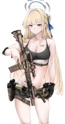 Rule 34 | 1girl, ammunition pouch, assault rifle, bare shoulders, belt, black bra, black gloves, blonde hair, blue archive, blue eyes, blue hair, bra, braid, breasts, buckle, carabiner, cleavage, collarbone, contrapposto, expressionless, flashlight, french braid, fte (fifteen 199), gloves, gun, hair ribbon, halo, handgun, highres, holding, holding gun, holding weapon, holster, large breasts, light blush, long hair, looking at another, looking at viewer, magazine (weapon), military, multicolored hair, navel, panties, pouch, ribbon, rifle, scope, simple background, single glove, snap-fit buckle, solo, sports bra, streaked hair, suppressor, thigh pouch, thighs, toki (blue archive), trigger discipline, underwear, weapon, weapon request, white background