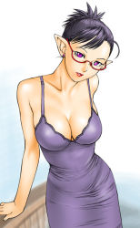 Rule 34 | 1girl, breasts, cleavage, dress, earrings, glasses, jewelry, large breasts, non-web source, pointy ears, purple eyes, short hair, solo, stud earrings, tight clothes, ueyama michirou