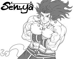 Rule 34 | 1boy, abs, absurdres, arm under pectorals, bara, belt, biceps, bucchigiri?!, crossed arms, gauntlets, greyscale, highres, large pectorals, long hair, looking at viewer, male focus, manly, mature male, monochrome, muscular, muscular male, nipples, pectorals, pointy ears, senya (bucchigiri?!), simple background, smirk, solo, thick arms, thick eyebrows, tofuboyz, topless male, veins, white background
