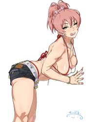 Rule 34 | 1girl, :q, ass, bare shoulders, belt, bent over, bikini, blush, earrings, half-closed eyes, highres, idolmaster, idolmaster cinderella girls, jewelry, jougasaki mika, looking at viewer, navel piercing, necklace, piercing, pink hair, ponytail, short shorts, shorts, simple background, smile, solo, suna (sandworks), swimsuit, teeth, tongue, tongue out, tongue piercing, white background, white bikini, yellow eyes