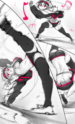 Rule 34 | 1girl, :o, absurdres, ass, bandaged hand, bandages, black shorts, breasts, capoeira, cleavage, cropped jacket, dancing, goggles, goggles on head, greyscale, handstand, highres, legs apart, light blush, long sleeves, medium breasts, midriff, monochrome, motion blur, motion lines, musical note, niwamaru (niwarhythm), niwarhythm, one arm handstand, original, pink eyes, shiny skin, short shorts, shorts, smile, solo, sweat, thick thighs, thighs, underboob, white footwear