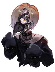 Rule 34 | 10s, 1girl, blonde hair, bracelet, brown eyes, chain, collar, dog tags, hair over one eye, highres, idolmaster, idolmaster cinderella girls, jewelry, looking at viewer, mask, plague doctor mask, shirasaka koume, short hair, sleeves past wrists, solo, spiked bracelet, spikes, toro3, upper body, white background