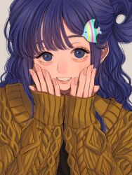 Rule 34 | 1girl, aegyo sal, aran sweater, asari nanami, blue eyes, blue hair, blush, cable knit, fingernails, fish hair ornament, hair ornament, hair ribbon, hands on own cheeks, hands on own face, highres, idolmaster, idolmaster cinderella girls, long sleeves, looking at viewer, norimaki (seidan0611), ribbon, simple background, smile, solo, sweater, upper body, white background, yellow sweater