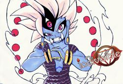Rule 34 | 1girl, blue skin, breasts, cleavage, colored skin, cracking knuckles, earrings, fangs, heruka (indivisible), indivisible, jewelry, looking at viewer, medium breasts, monster, monster girl, open mouth, red eyes, third eye, white hair