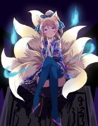 Rule 34 | 10s, 1girl, animal ears, ayase eli, blonde hair, blue eyes, blue thighhighs, detached sleeves, facial mark, feet, finger to cheek, fox ears, fox tail, hair ribbon, highres, hitodama, japanese clothes, kemonomimi mode, kitsune, long hair, love live!, love live! school idol festival, love live! school idol project, multiple tails, ponytail, ribbon, sandals, shipii (jigglypuff), sitting, smile, socks, solo, tail, thighhighs