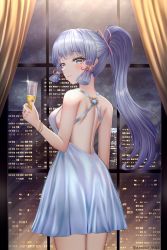 Rule 34 | 1girl, ayaka (genshin impact), back, backless dress, backless outfit, blue eyes, blue nails, breasts, city lights, cityscape, closed mouth, cup, dress, flower knot, genshin impact, hair ribbon, highres, holding, holding cup, long hair, looking at viewer, looking back, medium breasts, mole, mole under eye, nail polish, night, night sky, pink ribbon, ponytail, rayleigh scale, ribbon, sideboob, silver dress, silver hair, sky, smile, solo, tress ribbon, vision (genshin impact)