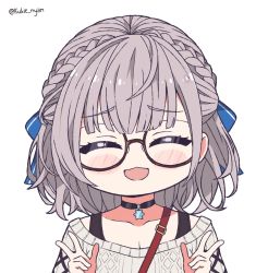 Rule 34 | 1girl, blush stickers, breasts, cleavage, closed eyes, collarbone, double w, glasses, hands up, highres, hololive, kukie-nyan, looking at viewer, medium breasts, open mouth, ribbed sweater, shirogane noel, shirogane noel (casual), short hair, silver hair, simple background, smile, solo, sweater, upper body, virtual youtuber, w, white background, white sweater